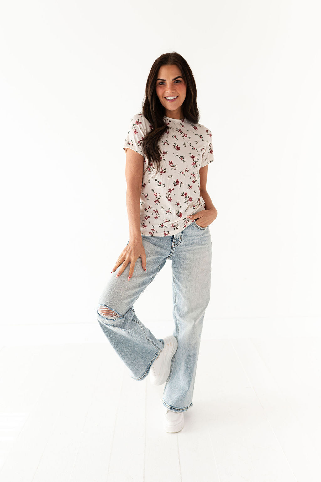 Heather Floral Ribbed Tee in Cherrywood
