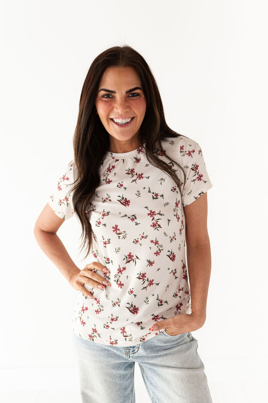 Heather Floral Ribbed Tee in Cherrywood