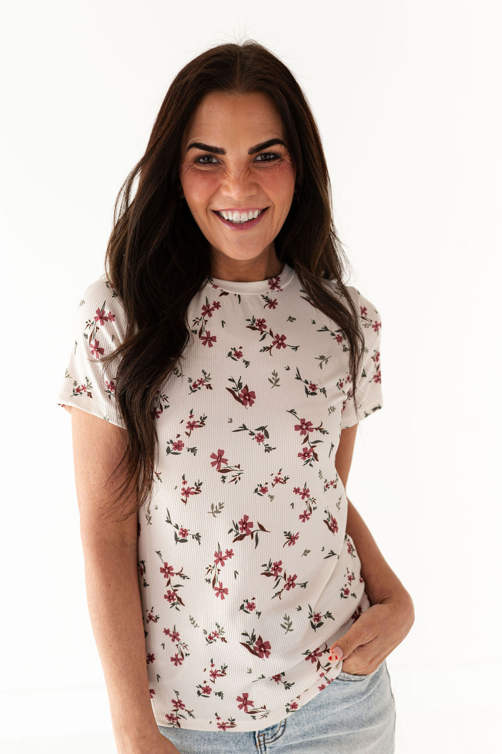 Heather Floral Ribbed Tee in Cherrywood