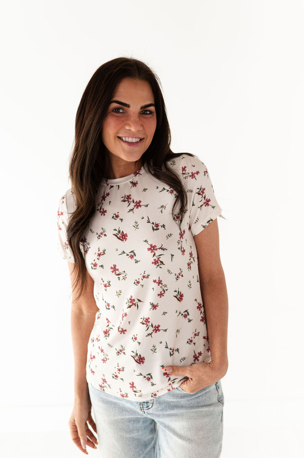 Heather Floral Ribbed Tee in Cherrywood