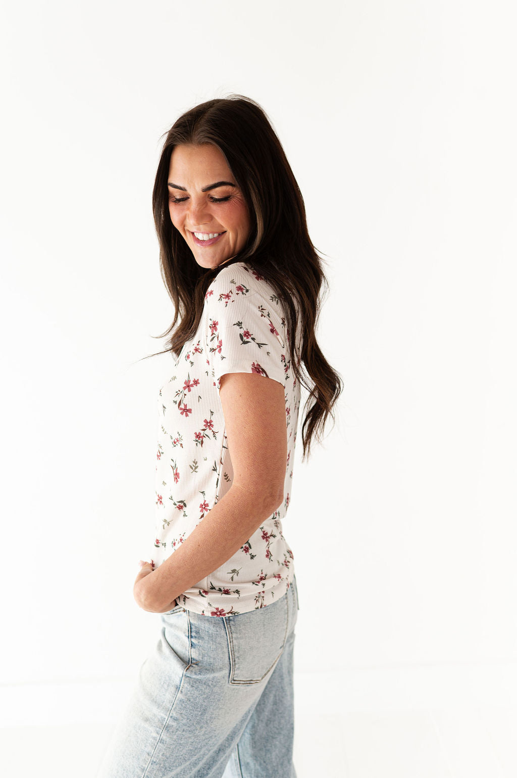 Heather Floral Ribbed Tee in Cherrywood